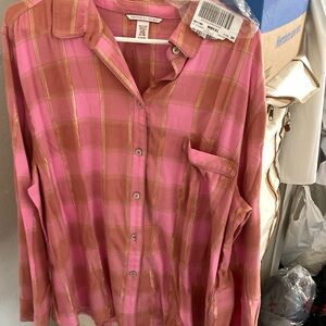 Victoria’s Secret Flannel Top XL pink with gold plaid button front new